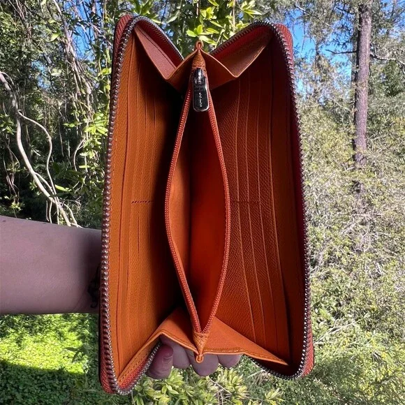 COACH Long Zip-Around Orange Papaya Pebble Leather Wallet w Silver Hardware - Picture 4 of 9